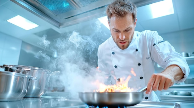 Bucătar la aragaz pregătind mâncare